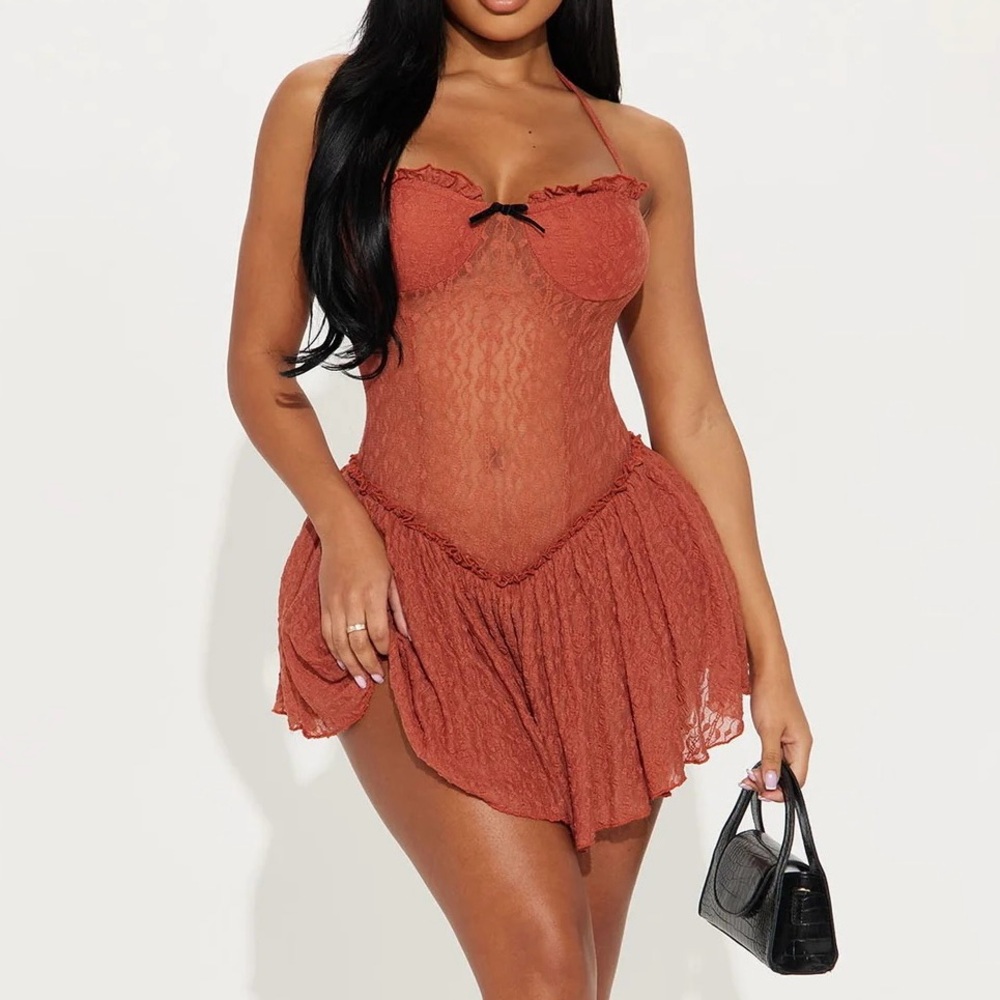 Micro Mini Rust Halter Mesh Dress